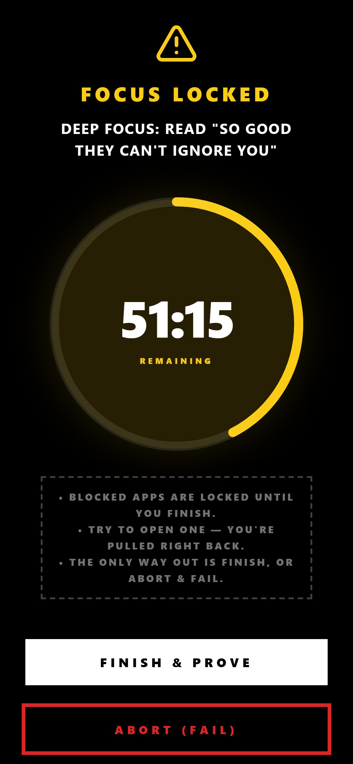 The Forge, Deep Focus locked screen with the session timer